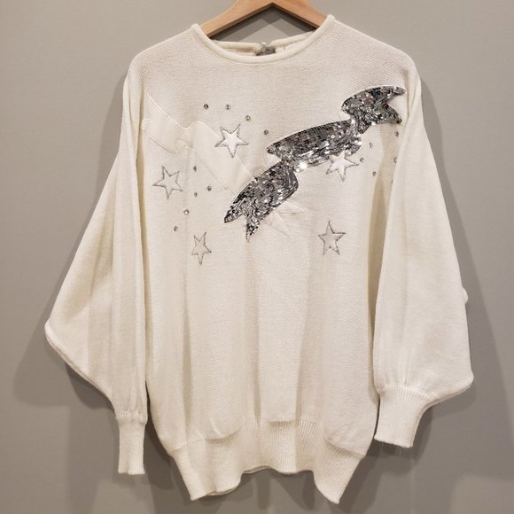 Vintage Christmas/New Years Part Sweater Knit Sparkly Stars/Ribbons Cre… - Picture 14 of 14